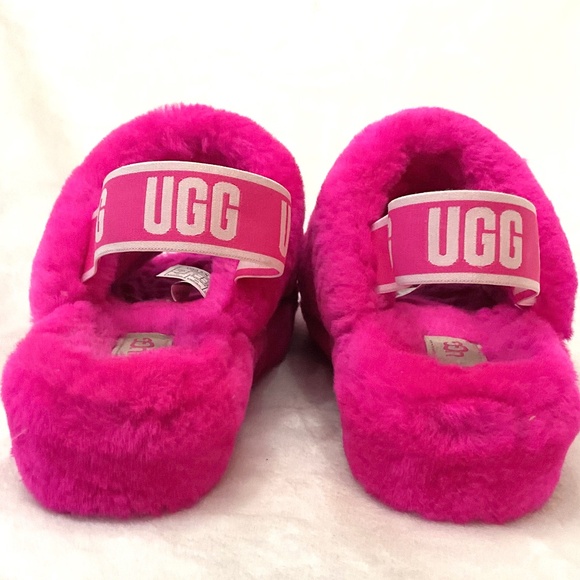 UGG FLUFF YEAH LAMB FUR HOT PINK SLING BACK PEEP TOE SLIPPERS SZ 7 - Picture 9 of 14